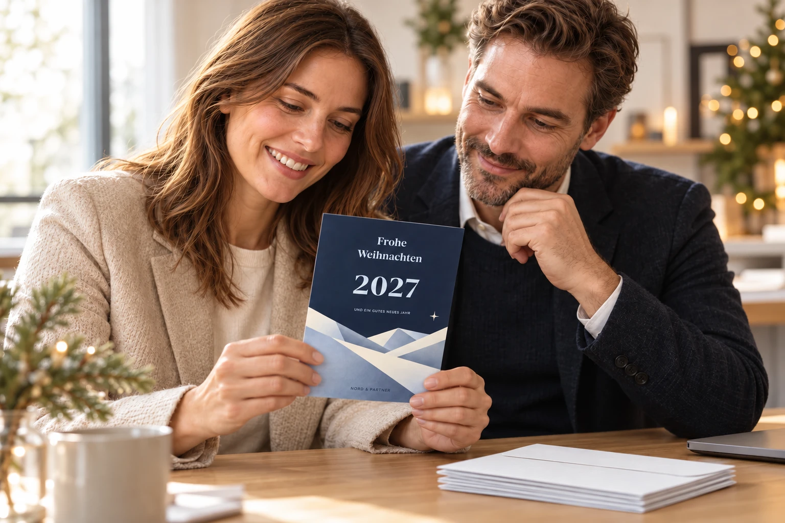 Zwei Personen betrachten die dunkelblaue Weihnachtskarte „Ein neues Kapitel“ am Schreibtisch