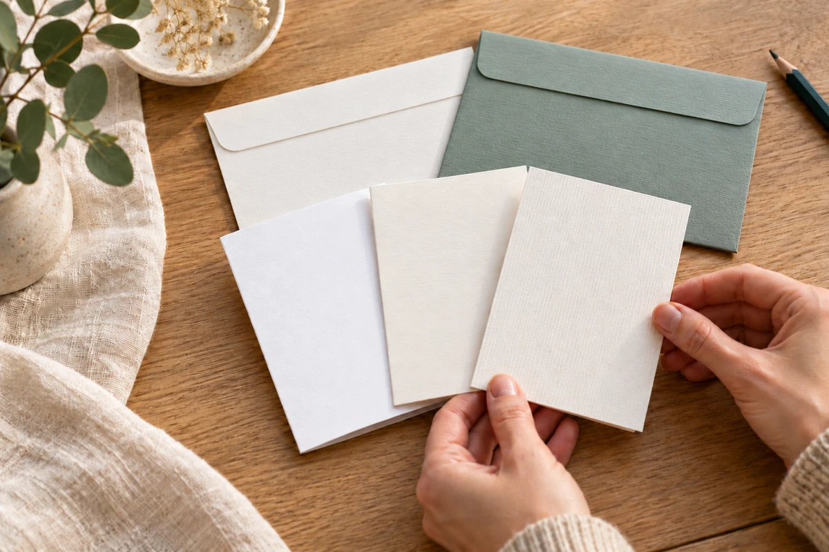 Hände vergleichen glattes und geripptes Kartenpapier neben passenden Briefhüllen