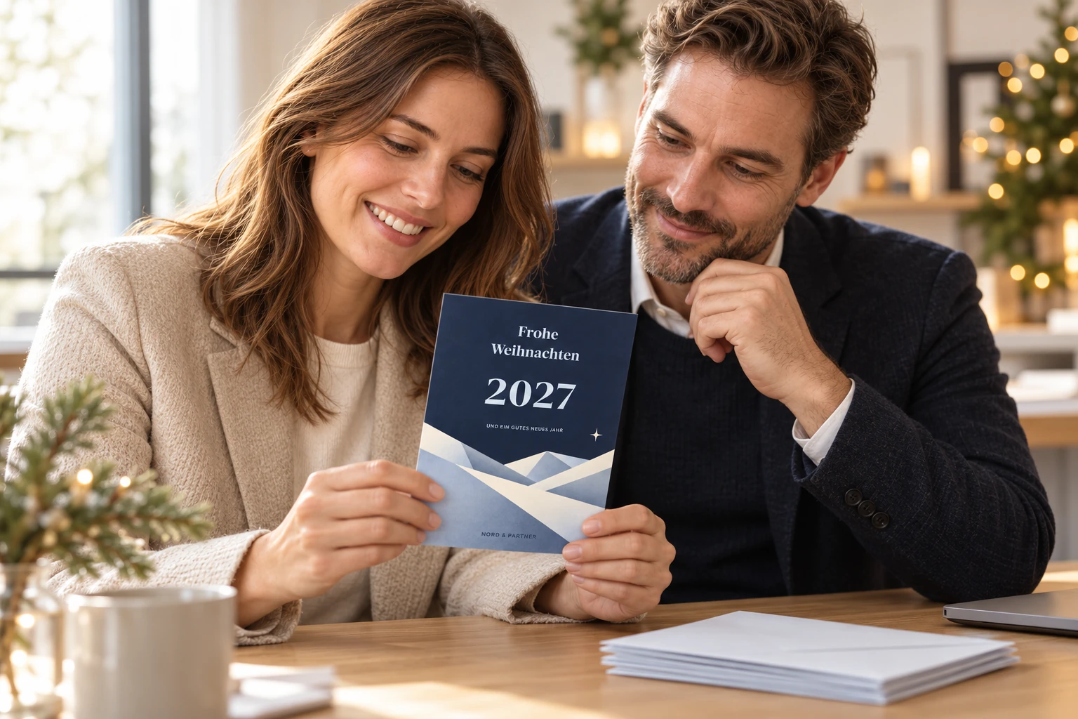 Zwei Personen betrachten am Schreibtisch eine dunkelblaue Weihnachtskarte mit der Jahreszahl 2027, geometrischen Flächen und einem kleinen gedruckten Stern