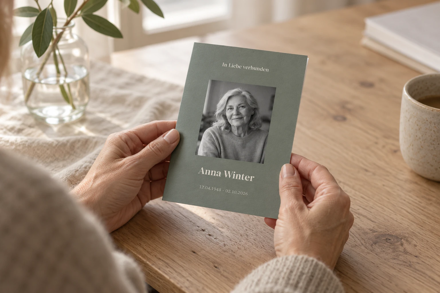 Hände halten die grüne Trauereinladung „Was bleibt, ist Liebe“ mit einem Schwarz-Weiß-Portrait am Holztisch