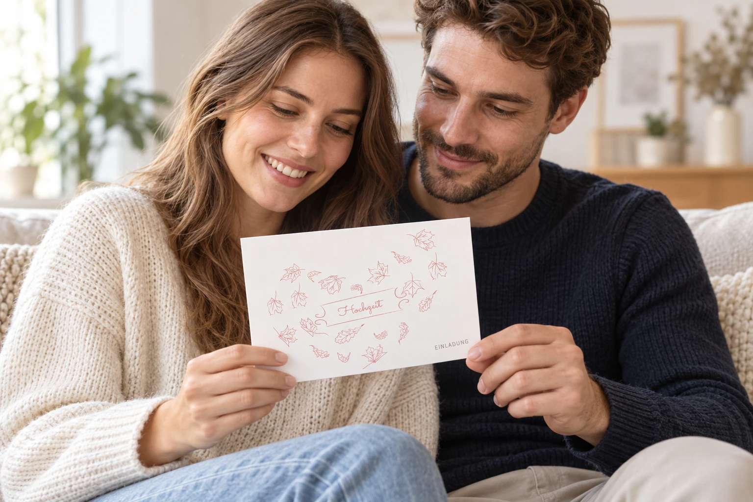 Paar liest Hochzeitseinladung „Blätterherz“ in einer natürlichen Alltagssituation