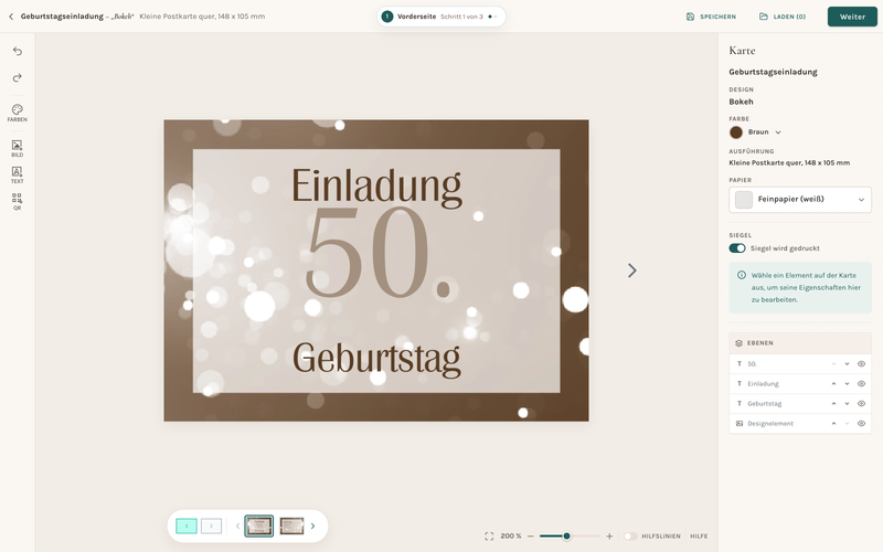Echter Karteneditor mit Geburtstagseinladung "Bokeh", vollständiger Karte, Designname und realen Bedienelementen