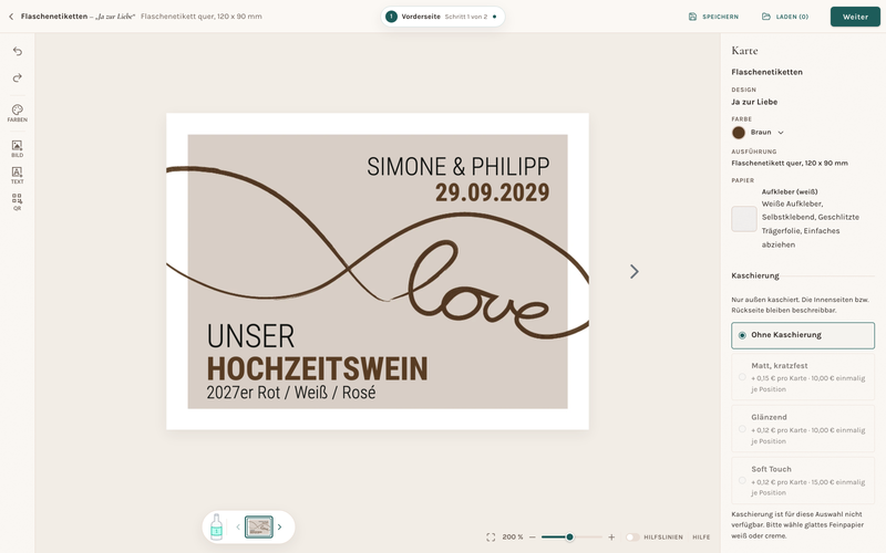 Echter Karteneditor mit Flaschenetiketten "Ja zur Liebe", vollständiger Karte, Designname und realen Bedienelementen