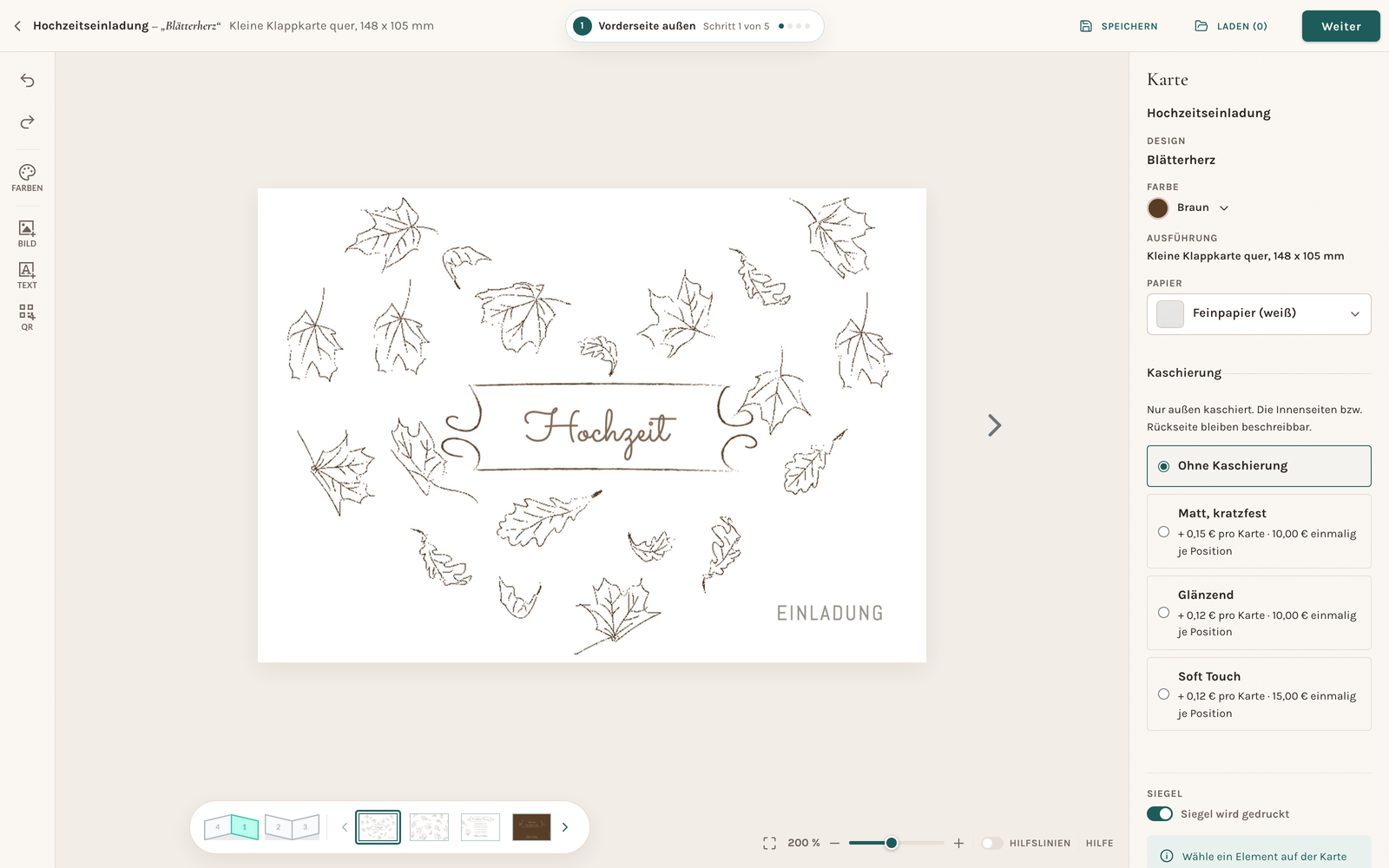 Vollständiger echter Karteneditor mit Hochzeitseinladung „Blätterherz“, Designname, Sidebar und Seitennavigation