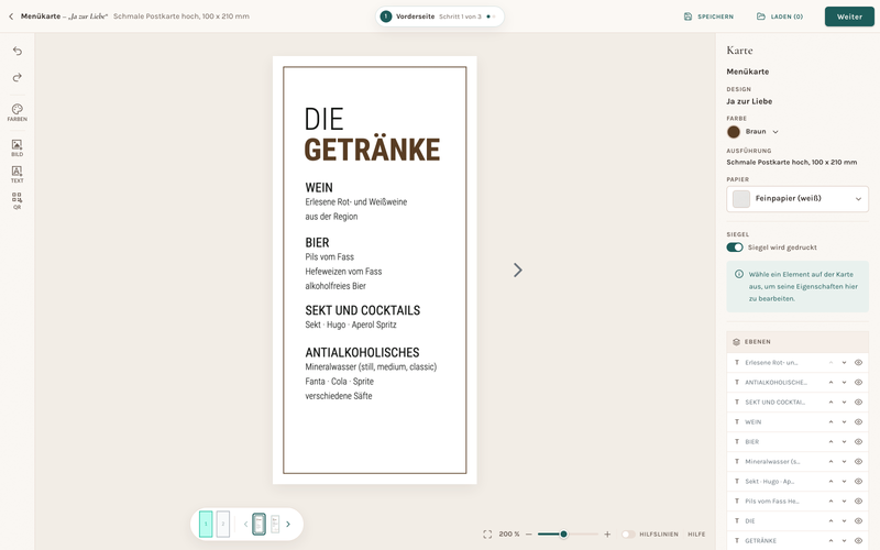Echter Karteneditor mit Menükarte "Ja zur Liebe", vollständiger Karte, Designname und realen Bedienelementen