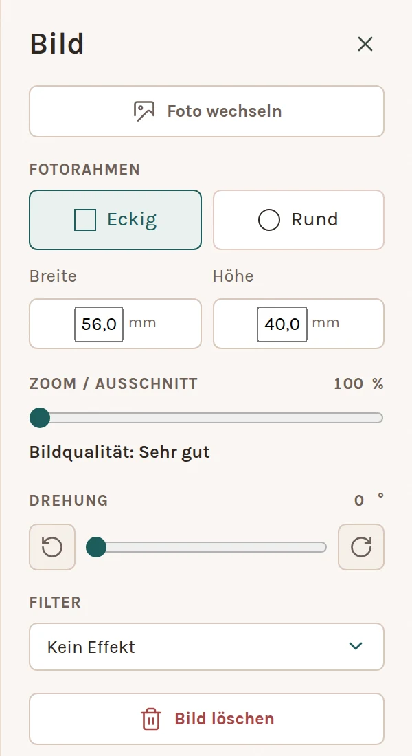 Rechte Spalte eines ausgewählten Fotos mit dem Hinweis „Bildqualität: Sehr gut“