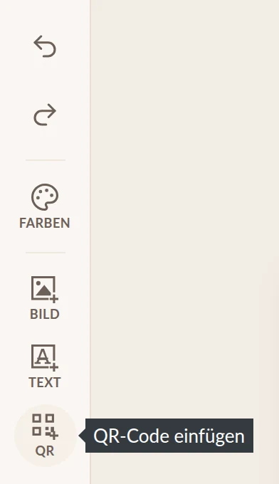 Linke Werkzeugleiste im Editor mit dem Knopf „QR“ und dem Hinweis „QR-Code einfügen“