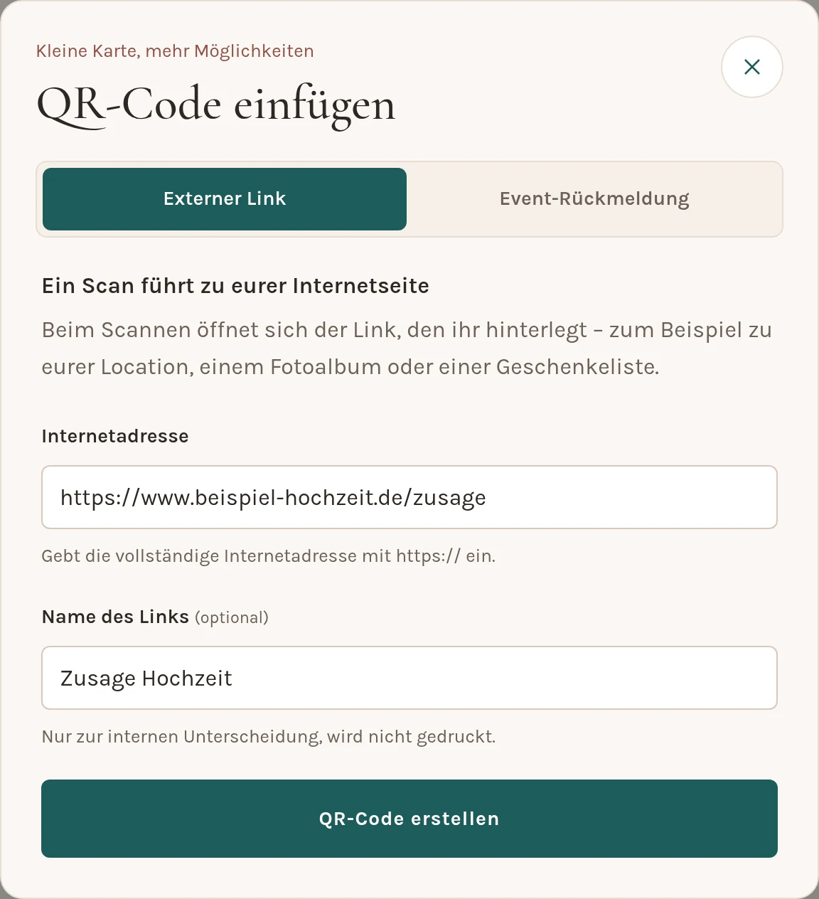Fenster „QR-Code einfügen“ mit Reiter „Externer Link“, Feldern „Internetadresse“ und „Name des Links“ und dem Knopf „QR-Code erstellen“