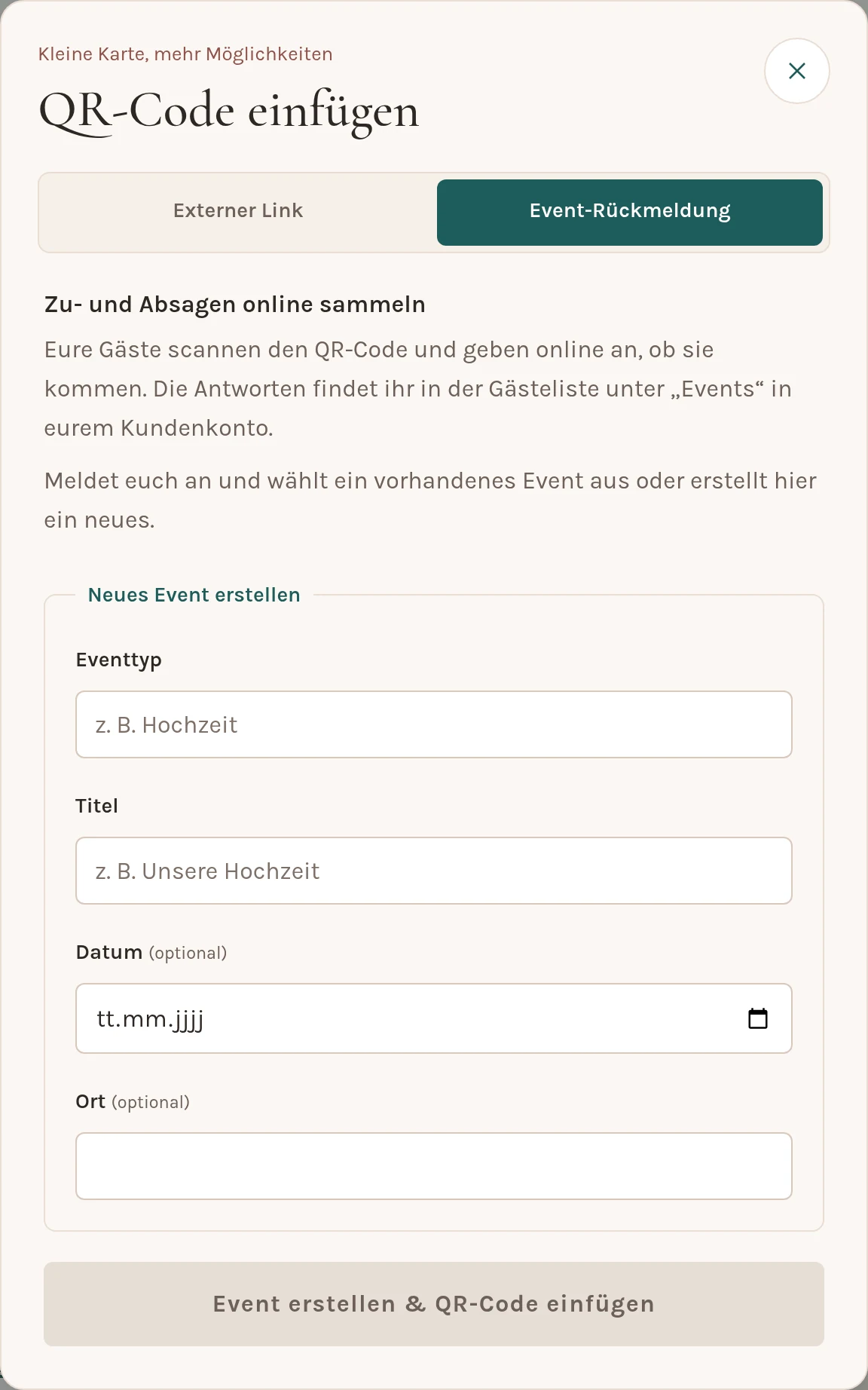 Reiter „Event-Rückmeldung“ mit dem Formular „Neues Event erstellen“: Eventtyp, Titel, Datum, Ort und Knopf „Event erstellen & QR-Code einfügen“