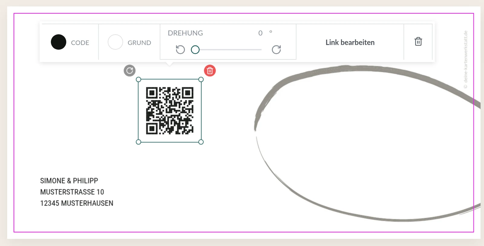 Ausgewählter QR-Code auf der Karte mit Eckpunkten und schwebender Leiste für Farbe, Hintergrund, Drehung und „Link bearbeiten“