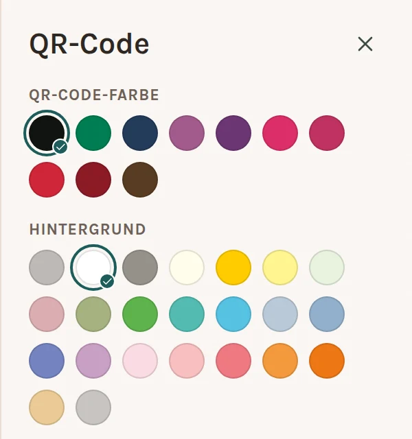 Auswahl „QR-Code-Farbe“ und „Hintergrund“ mit den angebotenen Farben