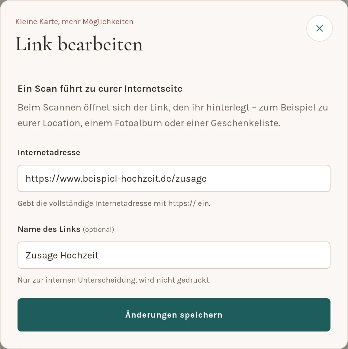 Fenster „Link bearbeiten“ mit Internetadresse, Name des Links und dem Knopf „Änderungen speichern“