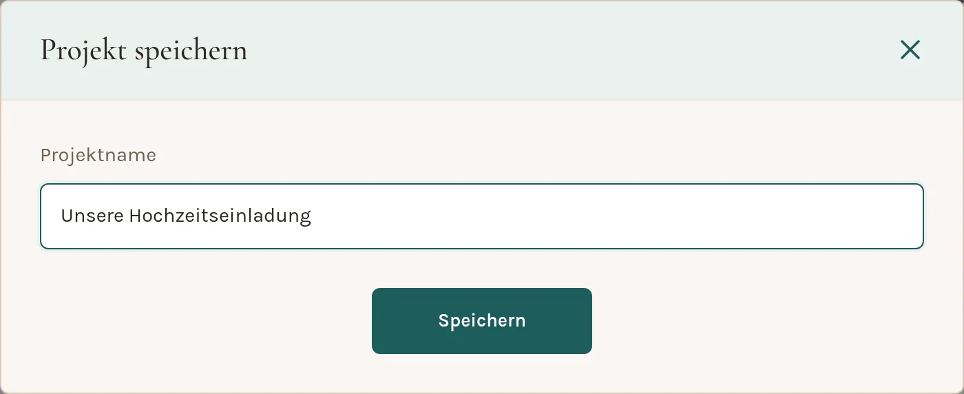 Fenster „Projekt speichern“ mit dem Feld „Projektname“