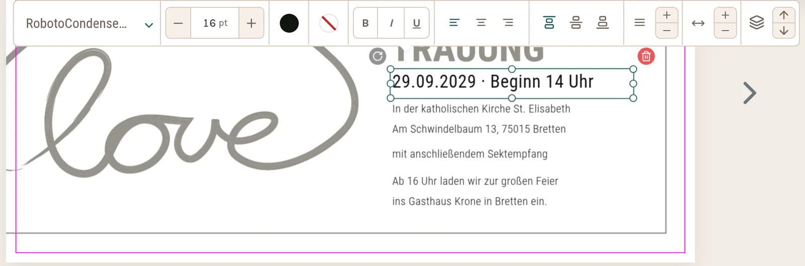 Ausgewählter Text auf der Karte mit Textwerkzeugen