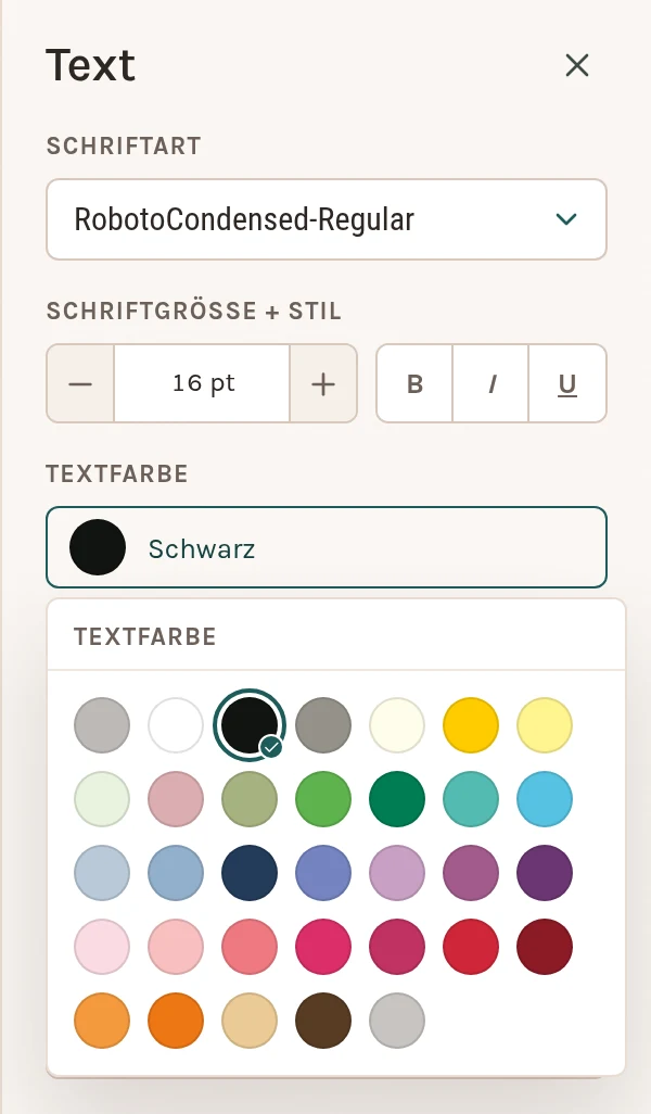 Auswahl der Textfarbe mit den angebotenen Farben