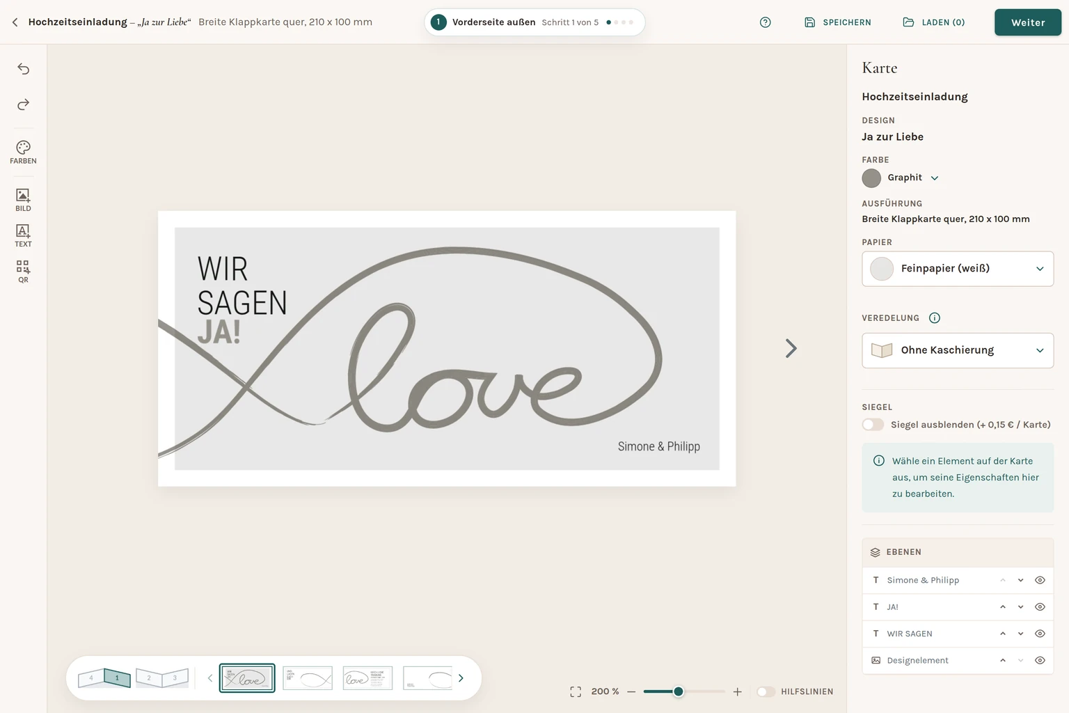Der Karten-Editor mit der Hochzeitseinladung „Ja zur Liebe“, Werkzeugleiste und Eigenschaften