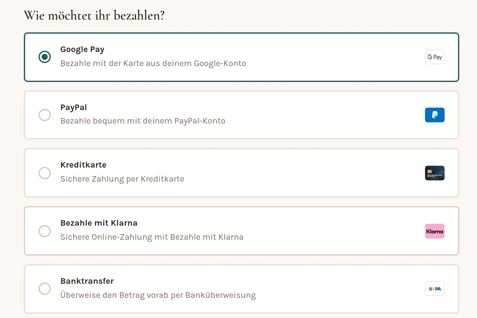 Auswahl der Zahlungsarten an der Kasse