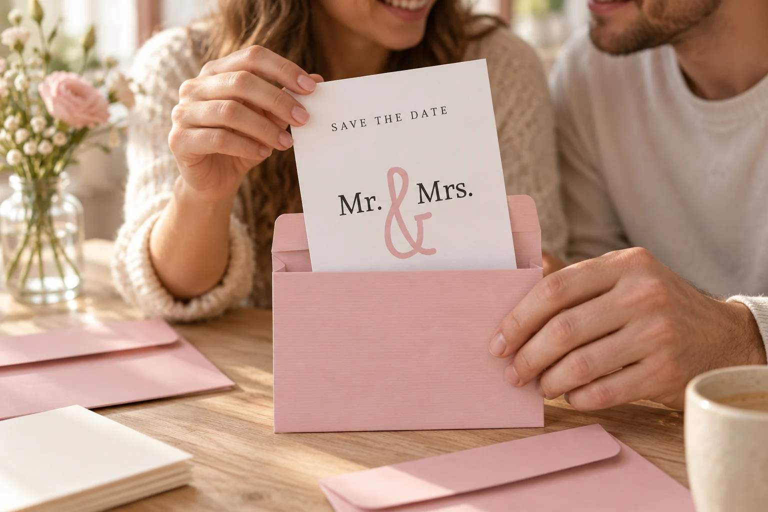 Save-the-Date-Karte „Mr. & Mrs.“ mit rosa Schrift auf weißem Grund