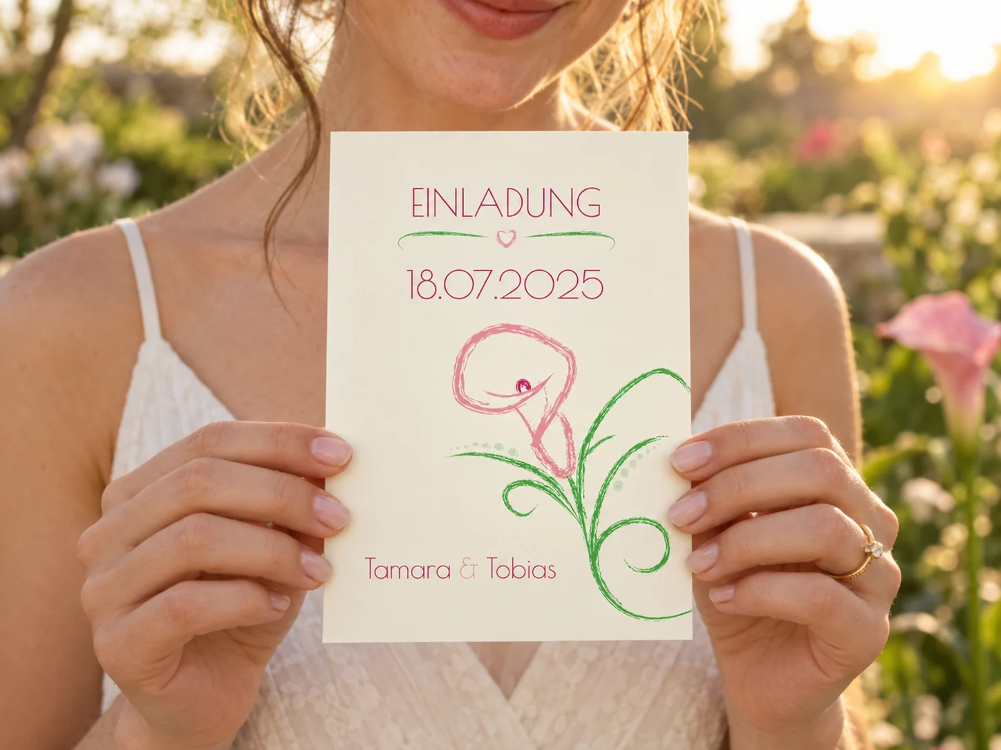 Hochzeitseinladung „Blütenpracht“ in Pink mit Calla-Motiv in Händen
