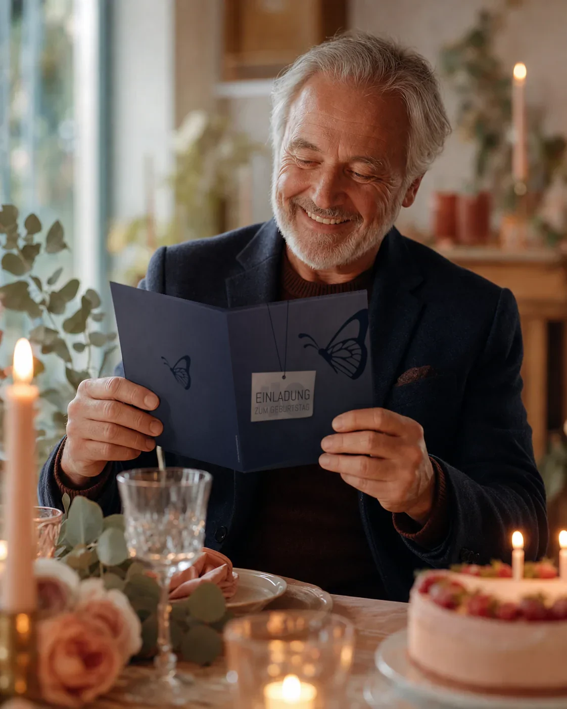 Ein Mann liest die dunkelblaue Geburtstagsklappkarte „Schmetterling“ an einer festlichen Tafel