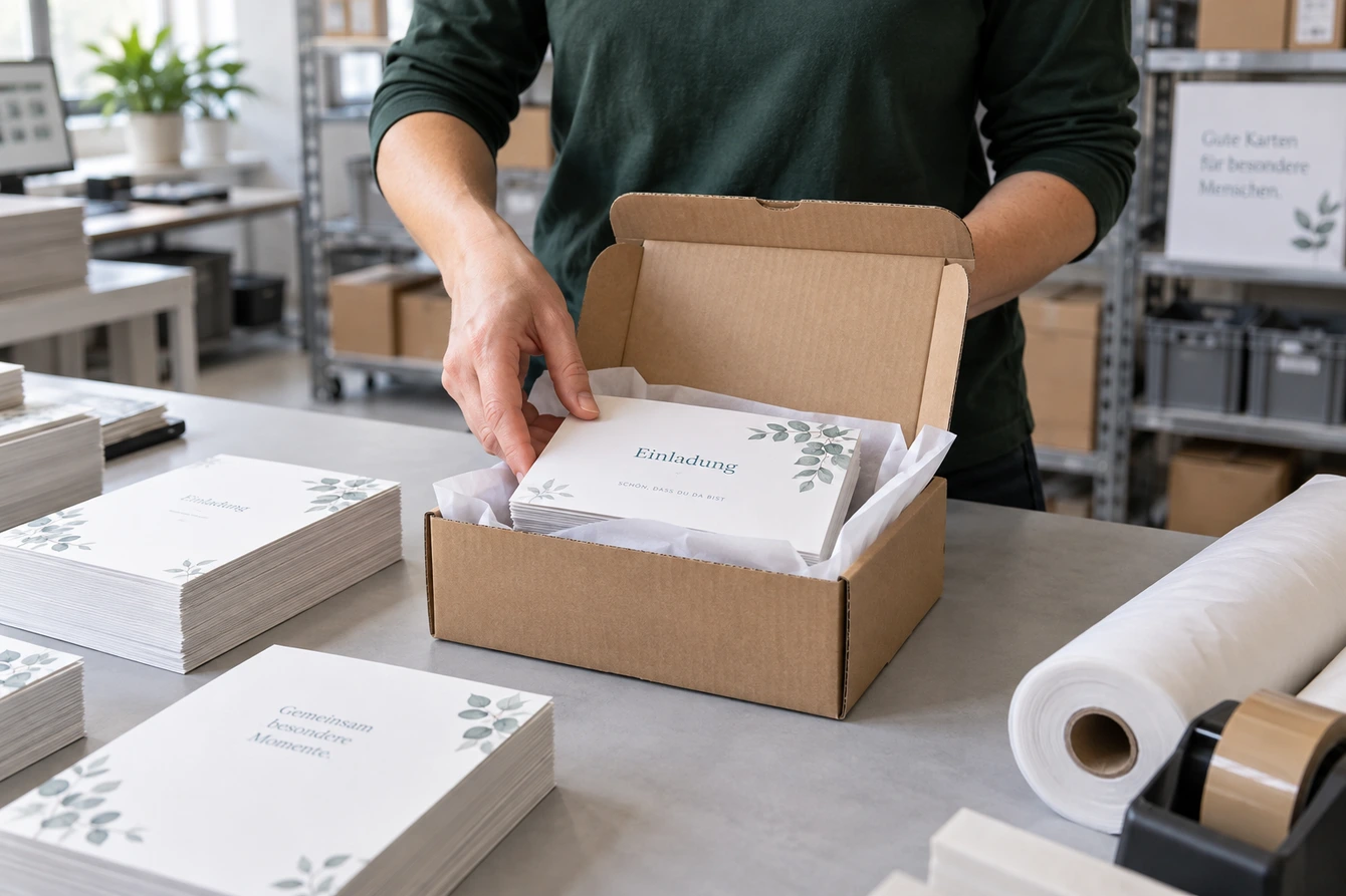 Illustration sorgfältig verpackter Karten an einem modernen Versandarbeitsplatz