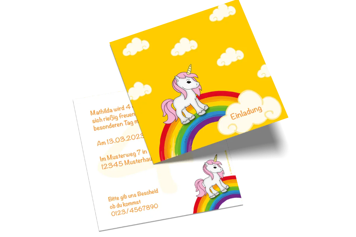 Quadratische Kindergeburtstagseinladung mit farbigem Fantasiemotiv und freier Textfläche