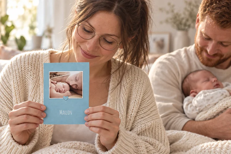 Geburtskarte „Schaufenster“ in Pastellblau mit Babyfoto in Händen gehalten