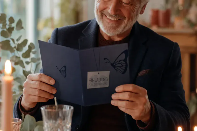Ein Mann liest die dunkelblaue Geburtstagsklappkarte „Schmetterling“ an einer festlichen Tafel