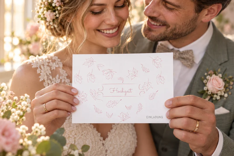 Ein Hochzeitspaar hält die weiße Einladung „Blätterherz“ mit rosa Blätterzeichnungen