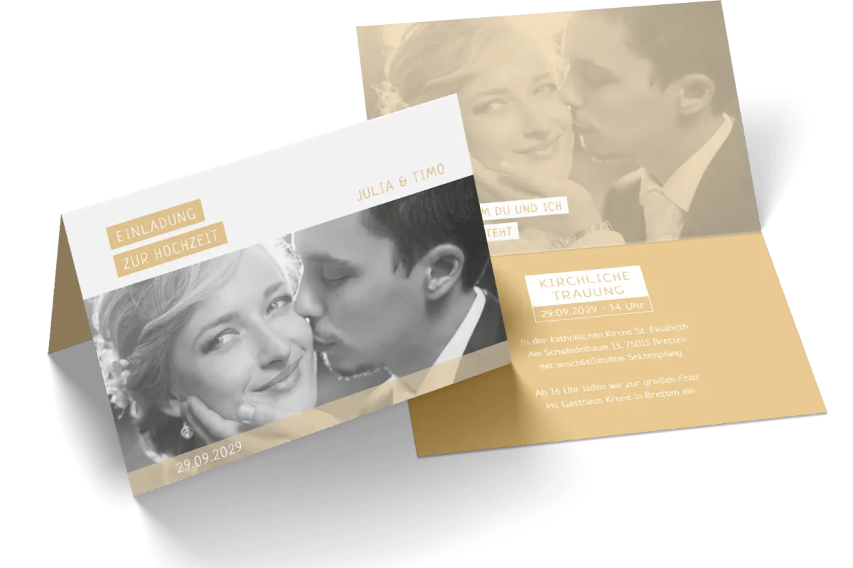 Hochzeitseinladung Farbenspiel als hochformatige Klappkarte mit Platz für Zusatzangaben