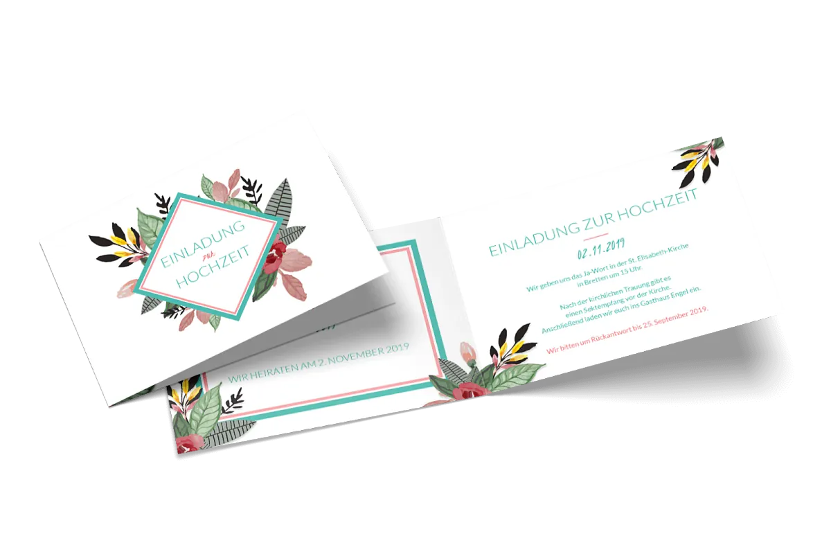 Hochzeitseinladung Blumengedeck mit farbigem Blütenrahmen und aufgeklappter Textseite
