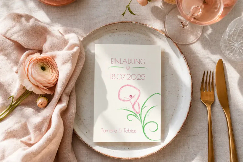 Hochzeitseinladung „Blütenpracht“ in Pink mit geraden Schnittkanten auf einem Teller