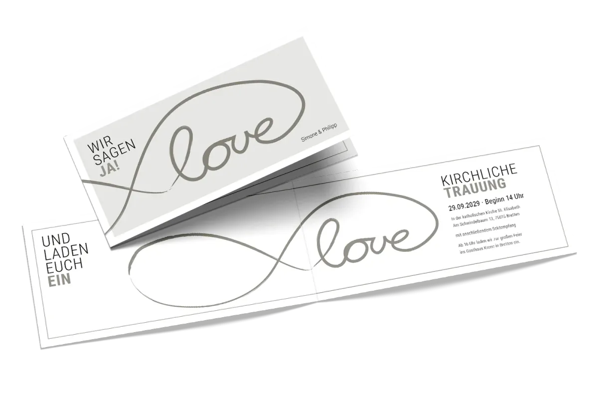 Breite Hochzeitseinladung Ja zur Liebe in Weiß und Graphit mit geschwungener Love-Schrift