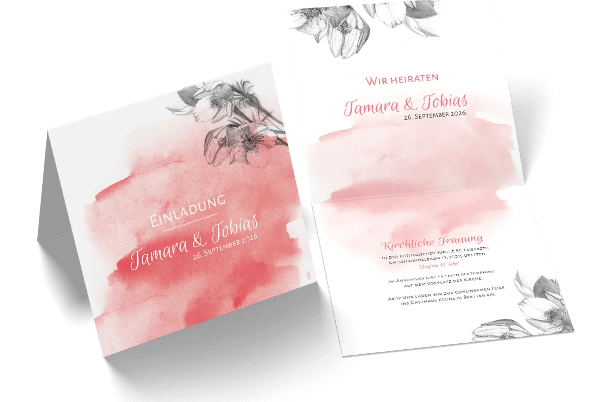 Quadratische Hochzeitseinladung Aquarell als Grundlage für Papeterie am Fest
