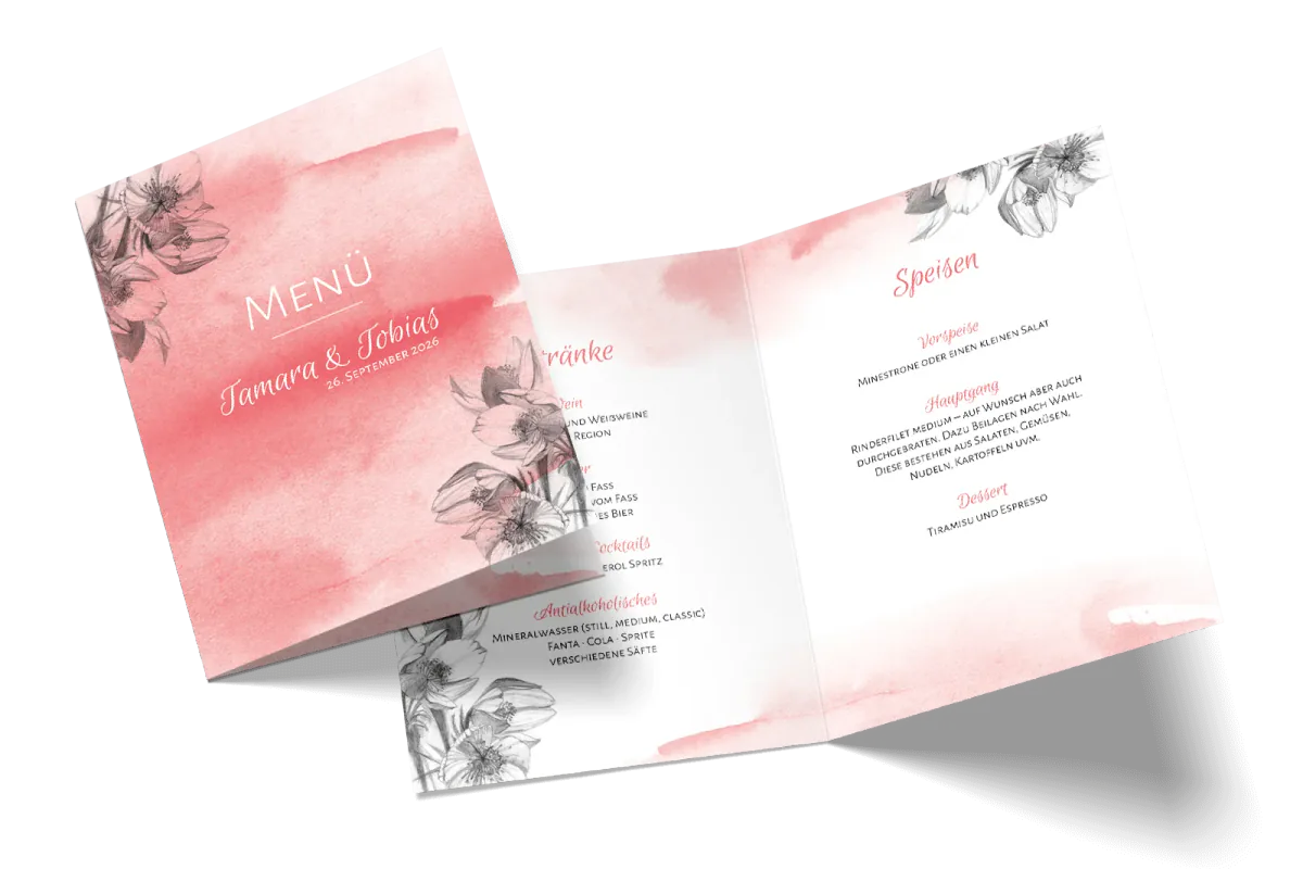 Menükarte Aquarell passend zu Save-the-Date, Einladung und Antwortkarte