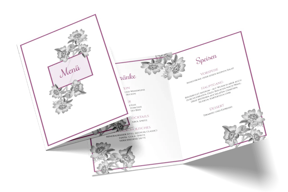 Menükarte Timeless Flowers mit mehreren klar voneinander getrennten Textabschnitten