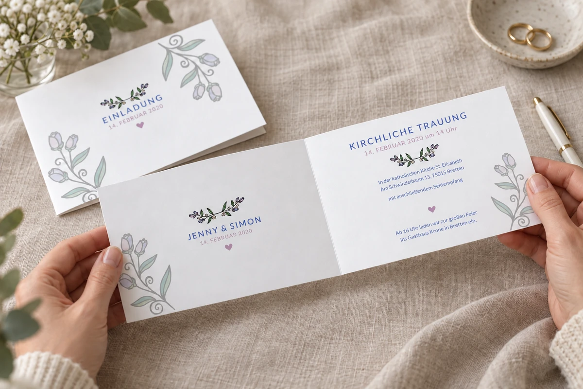 Hände lesen die offene Hochzeitseinladung „Abstract Rose“ mit feinen Blütenzweigen.
