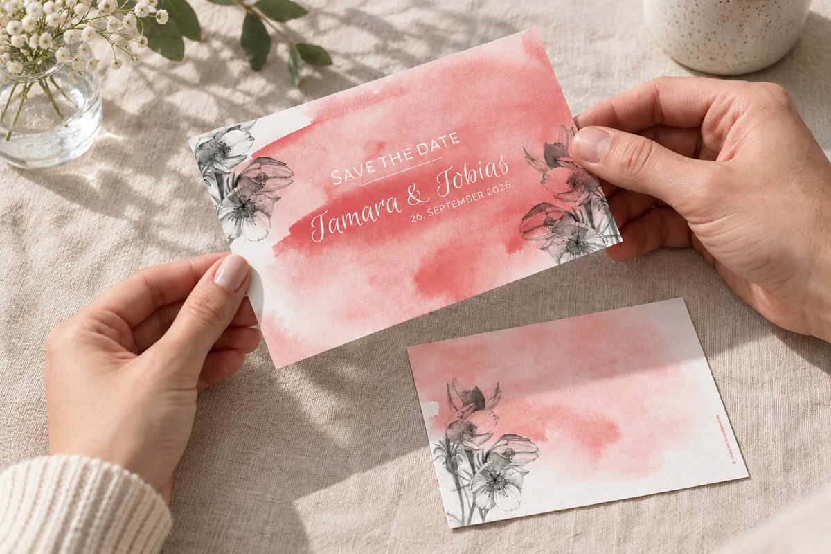 Hände halten die korallfarbene Save-the-Date-Karte „Aquarell“ über hellem Leinen.