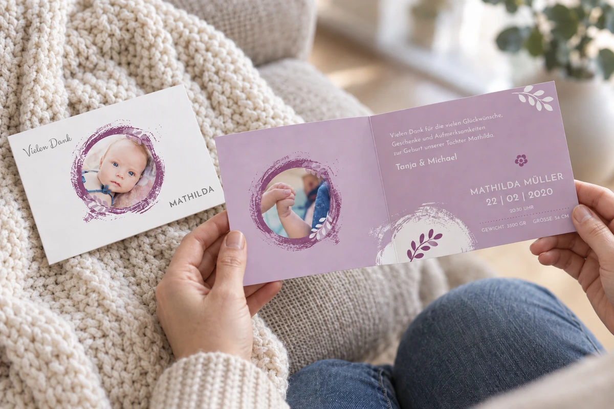 Hände halten die offene Danksagung „Hello world“ mit Babyfoto im violetten Pinselkreis.