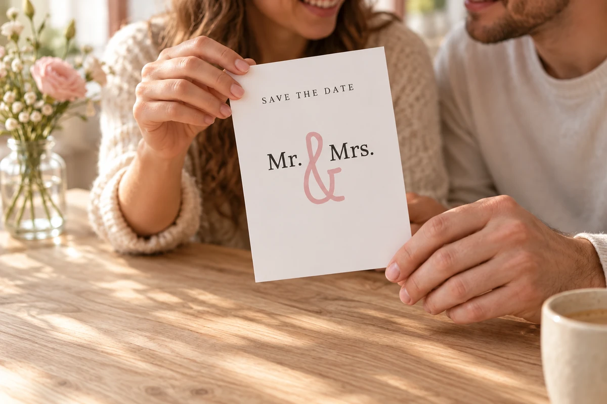 Ein Paar hält die weiße Save-the-Date-Karte „Mr and Mrs“ mit rosa Und-Zeichen