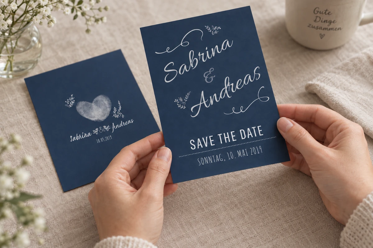 Hände halten die dunkelblaue Save-the-Date-Karte „Ornament“ mit Namensschrift und Herzmotiv.