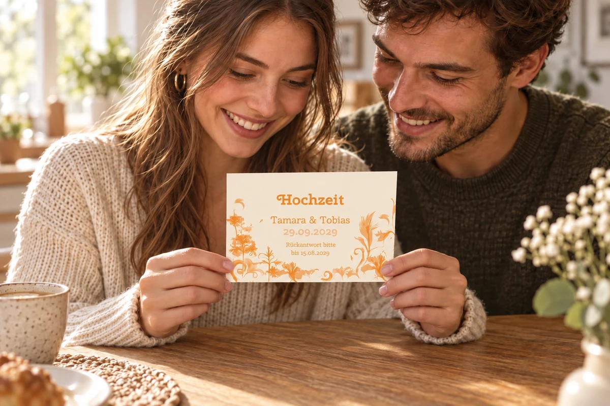 Ein Paar liest eine helle Hochzeitskarte mit orangefarbenen Blüten und einer Rückmeldefrist