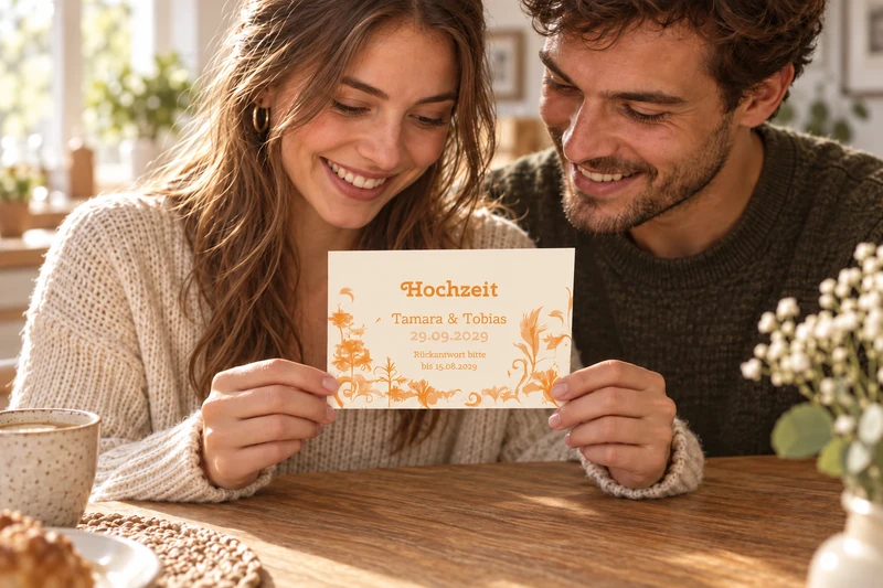 Ein Paar liest eine helle Hochzeitskarte mit orangefarbenen Blüten und einer Rückmeldefrist