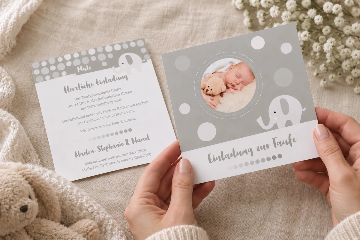Hände betrachten die Taufeinladung „Törööö“ mit schlafendem Babyfoto und freundlichem Elefanten.