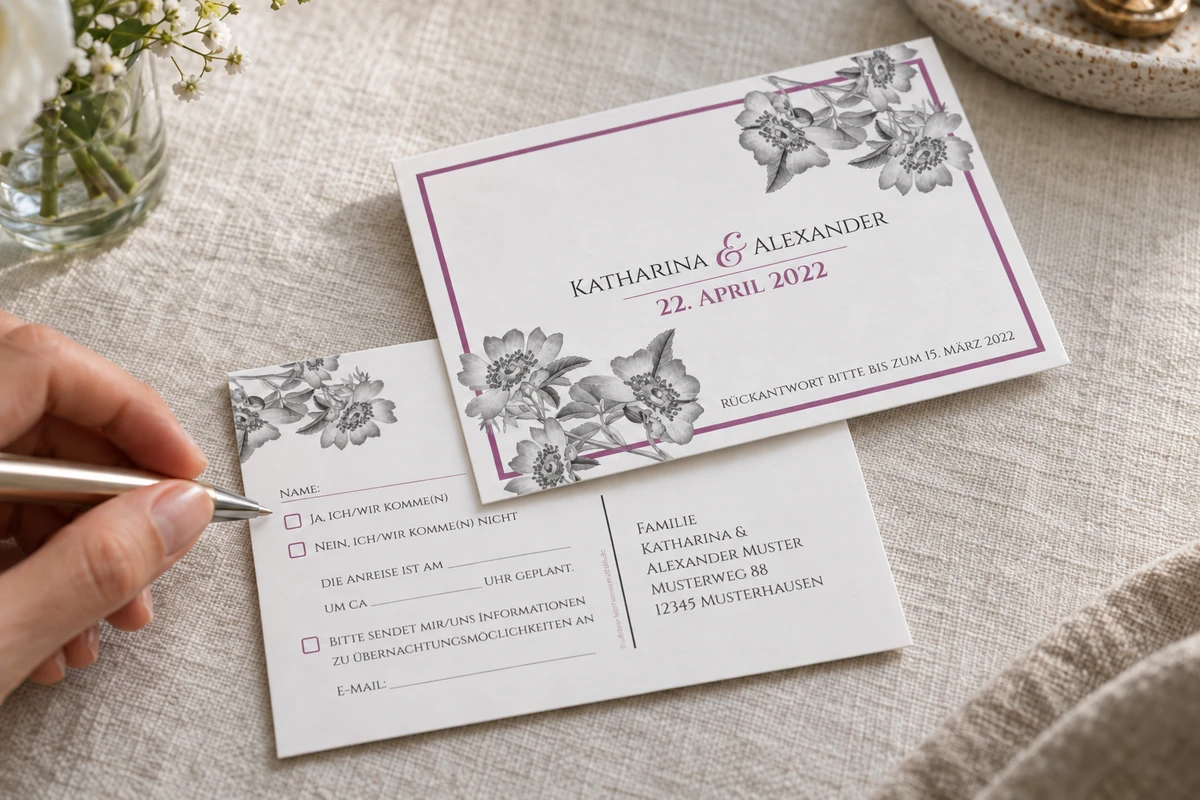 Eine Hand prüft die Antwortfelder der Hochzeitspostkarte „Timeless Flowers“ auf hellem Leinen.