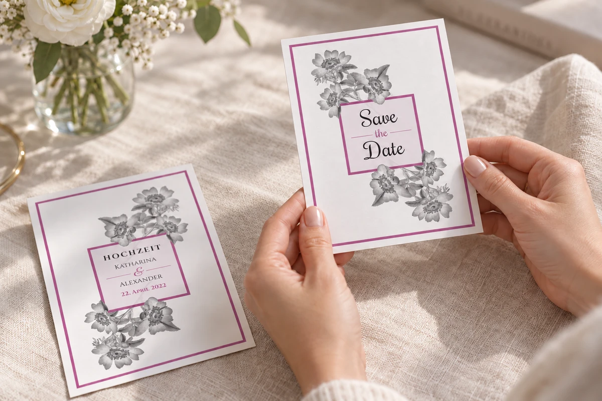 Hände betrachten die Save-the-Date-Karte „Timeless Flowers“ mit grauen Blüten und violettem Rahmen.