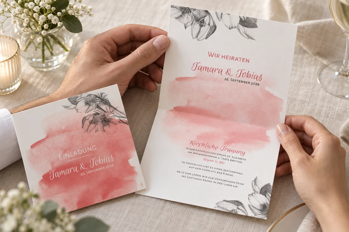 Ein Paar hält die offene Hochzeitseinladung „Aquarell“ mit korallfarbenem Verlauf und feinen Blütenzeichnungen.