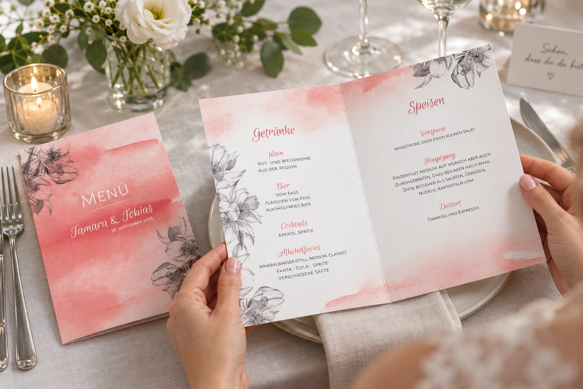 Hände halten die offene Menükarte „Aquarell“ am Hochzeitstisch mit neutralem Geschirr und hellem Leinen.
