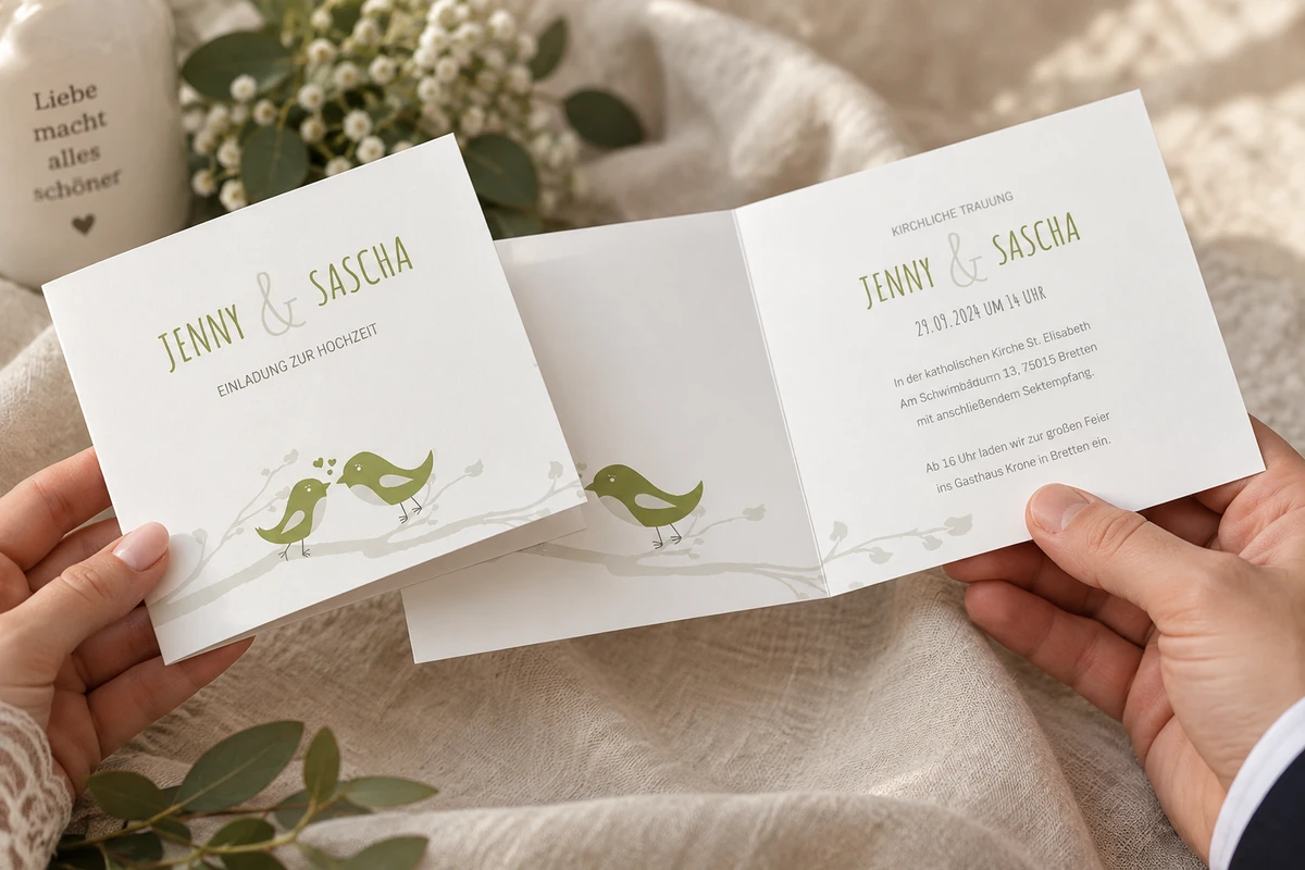 Hände zeigen die offene Hochzeitseinladung „Birds in love“ mit grünem Vogelpaar auf einem Zweig.