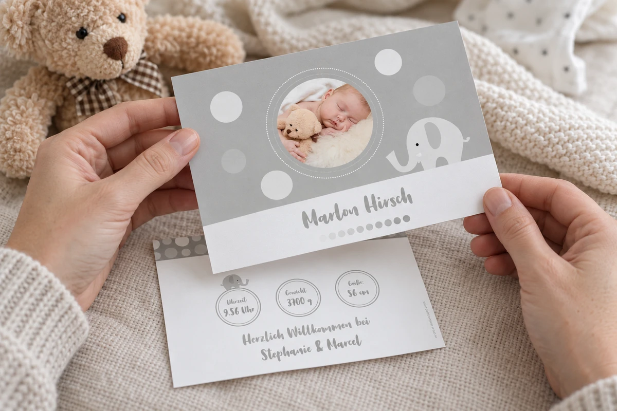 Hände zeigen die Geburtskarte „Törööö“ mit Babyfoto und Elefant neben einer weichen Babydecke.